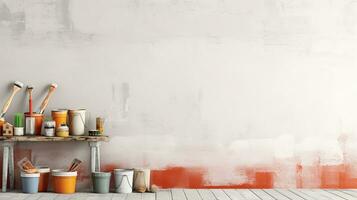 Repair and painting tools of walls in room. Renovation and decoration. Generative AI photo