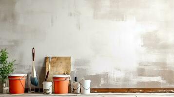 Repair and painting tools of walls in room. Renovation and decoration. Generative AI photo