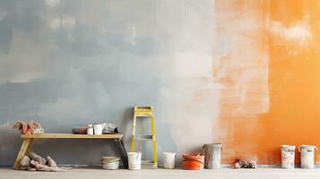 Repair and painting tools of walls in room. Renovation and decoration. Generative AI photo