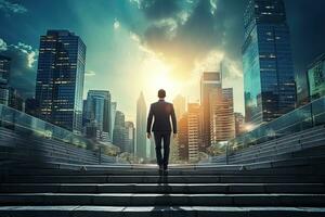 Back view of businessman walking up stairs on city background. Career and success concept. Generative AI photo