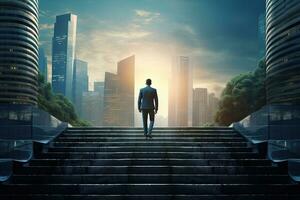 Back view of businessman walking up stairs on city background. Career and success concept. Generative AI photo