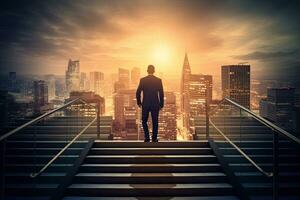 Back view of businessman walking up stairs on city background. Career and success concept. Generative AI photo