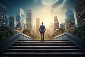 Back view of businessman walking up stairs on city background. Career and success concept. Generative AI photo