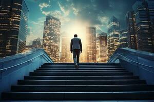 Back view of businessman walking up stairs on city background. Career and success concept. Generative AI photo