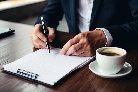 Close up of businessman signing contract. Businessman sitting at table and writing in notepad. Generative AI photo