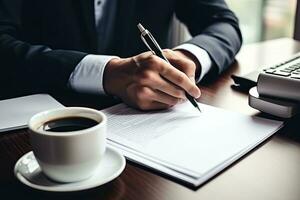 Close up of businessman signing contract. Businessman sitting at table and writing in notepad. Generative AI photo