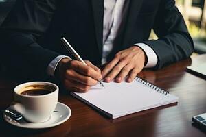 Close up of businessman signing contract. Businessman sitting at table and writing in notepad. Generative AI photo