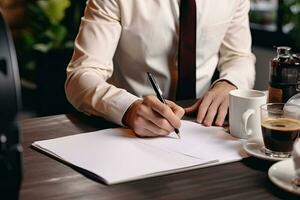 Close up of businessman signing contract. Businessman sitting at table and writing in notepad. Generative AI photo