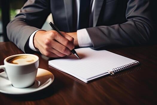Close up of businessman signing contract. Businessman sitting at table and writing in notepad. Generative AI photo