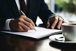 Close up of businessman signing contract. Businessman sitting at table and writing in notepad. Generative AI photo