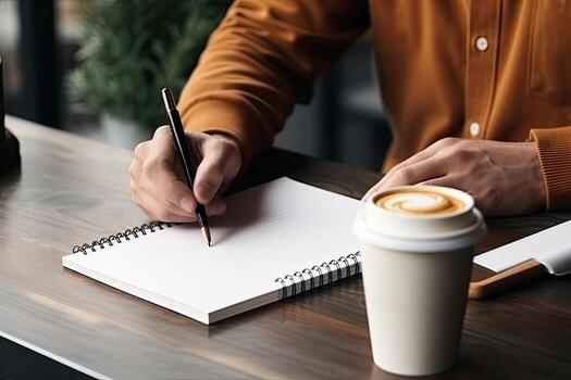 Close up of businessman signing contract. Businessman sitting at table and writing in notepad. Generative AI photo