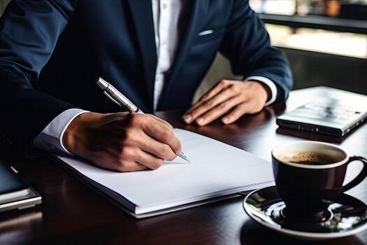 Close up of businessman signing contract. Businessman sitting at table and writing in notepad. Generative AI photo