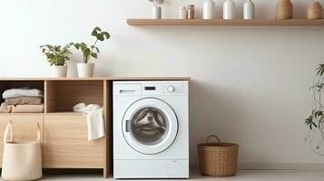 Interior of modern laundry room with washing machine, basket and towels. Generative AI photo