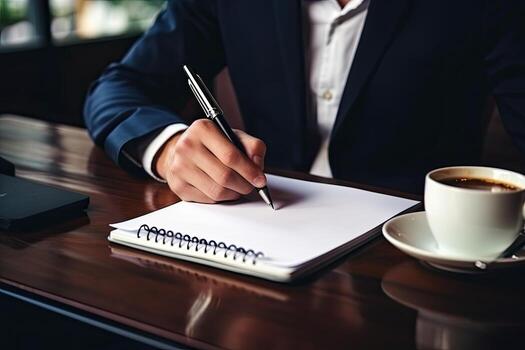 Close up of businessman signing contract. Businessman sitting at table and writing in notepad. Generative AI photo