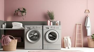 Interior of modern laundry room with washing machine, basket and towels. Generative AI photo