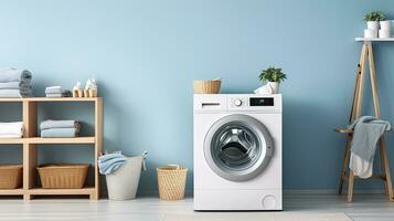 Interior of modern laundry room with washing machine, basket and towels. Generative AI photo