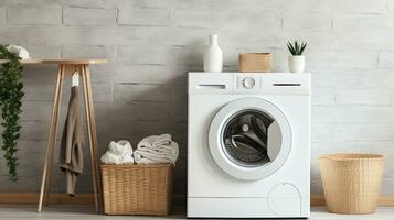 Interior of modern laundry room with washing machine, basket and towels. Generative AI photo