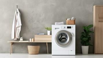 Interior of modern laundry room with washing machine, basket and towels. Generative AI photo