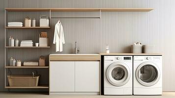 Interior of modern laundry room with washing machine, basket and towels. Generative AI photo