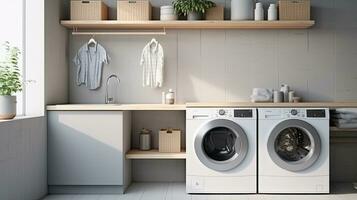 Interior of modern laundry room with washing machine, basket and towels. Generative AI photo