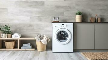 Interior of modern laundry room with washing machine, basket and towels. Generative AI photo