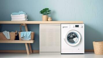 Interior of modern laundry room with washing machine, basket and towels. Generative AI photo