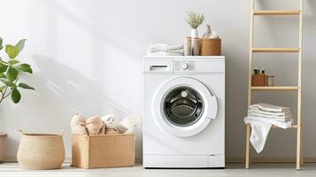 Interior of modern laundry room with washing machine, basket and towels. Generative AI photo