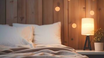 Modern interior cozy bedroom design with wall and a vase with autumn leaves with on wooden wall background, selective focus. Generative AI photo