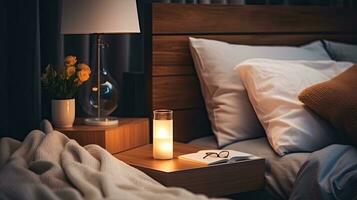 Modern interior cozy bedroom design with wall and a vase with autumn leaves with on wooden wall background, selective focus. Generative AI photo