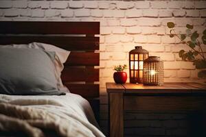 Modern interior cozy bedroom design with wall and a vase with autumn leaves with on wooden wall background, selective focus. Generative AI photo