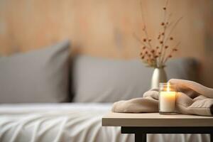 Modern interior cozy bedroom design with wall and a vase with autumn leaves with on wooden wall background, selective focus. Generative AI photo