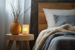 Modern interior cozy bedroom design with wall and a vase with autumn leaves with on wooden wall background, selective focus. Generative AI photo