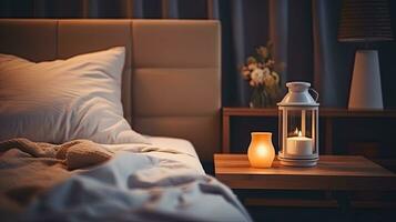 Modern interior cozy bedroom design with wall and a vase with autumn leaves with on wooden wall background, selective focus. Generative AI photo