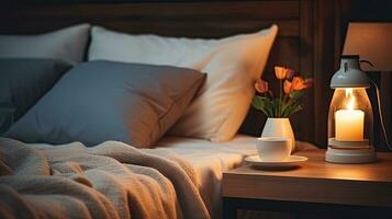 Modern interior cozy bedroom design with wall and a vase with autumn leaves with on wooden wall background, selective focus. Generative AI photo