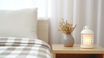 Modern interior cozy bedroom design with wall and a vase with autumn leaves with on wooden wall background, selective focus. Generative AI photo