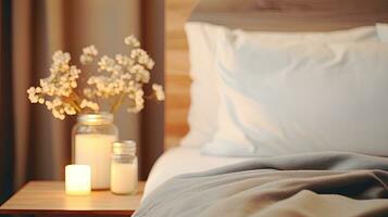 Modern interior cozy bedroom design with wall and a vase with autumn leaves with on wooden wall background, selective focus. Generative AI photo