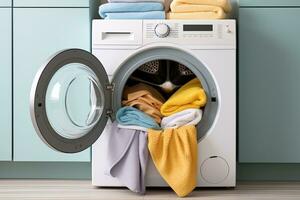 Laundry room interior with washing machine and pile of colorful clothes. Generative AI photo