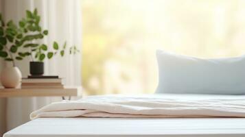 Modern interior cozy bedroom design with wall and a vase with autumn leaves with on wooden wall background, selective focus. Generative AI photo