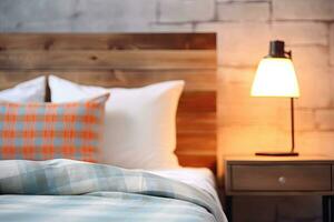 Modern interior cozy bedroom design with wall and a vase with autumn leaves with on wooden wall background, selective focus. Generative AI photo