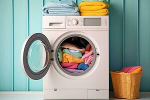 Laundry room interior with washing machine and pile of colorful clothes. Generative AI photo