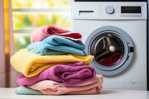 Laundry room interior with washing machine and pile of colorful clothes. Generative AI photo