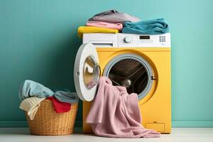 Laundry room interior with washing machine and pile of colorful clothes. Generative AI photo