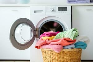 Laundry room interior with washing machine and pile of colorful clothes. Generative AI photo