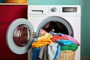 Laundry room interior with washing machine and pile of colorful clothes. Generative AI photo