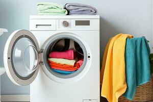 Laundry room interior with washing machine and pile of colorful clothes. Generative AI photo