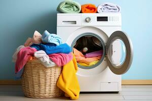 Laundry room interior with washing machine and pile of colorful clothes. Generative AI photo