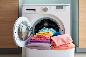 Laundry room interior with washing machine and pile of colorful clothes. Generative AI photo