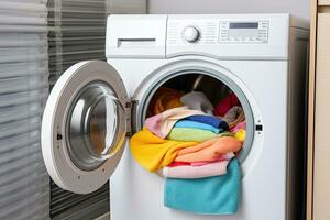 Laundry room interior with washing machine and pile of colorful clothes. Generative AI photo