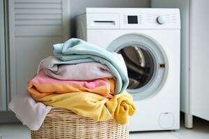 Laundry room interior with washing machine and pile of colorful clothes. Generative AI photo