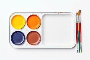 Watercolor paints and brush isolated on white background. Top view. Generative AI photo